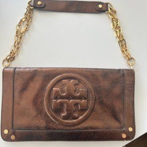Tory Burch Bombe Reva Bronze Leather Gold Chain Clutch Shoulder Handbag